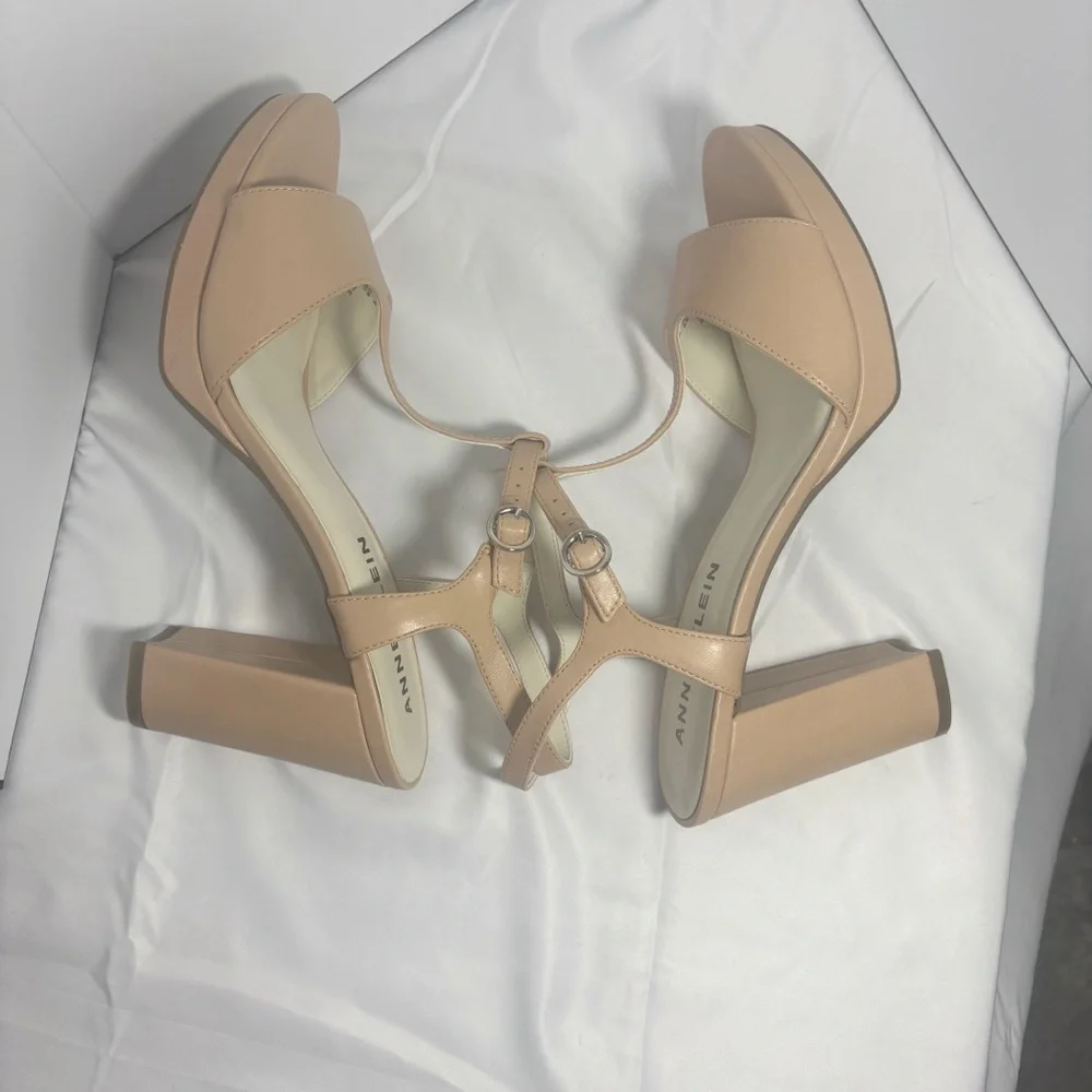 Anne Klein Tan Heels with Ankle Strap and Block Heel worn twice